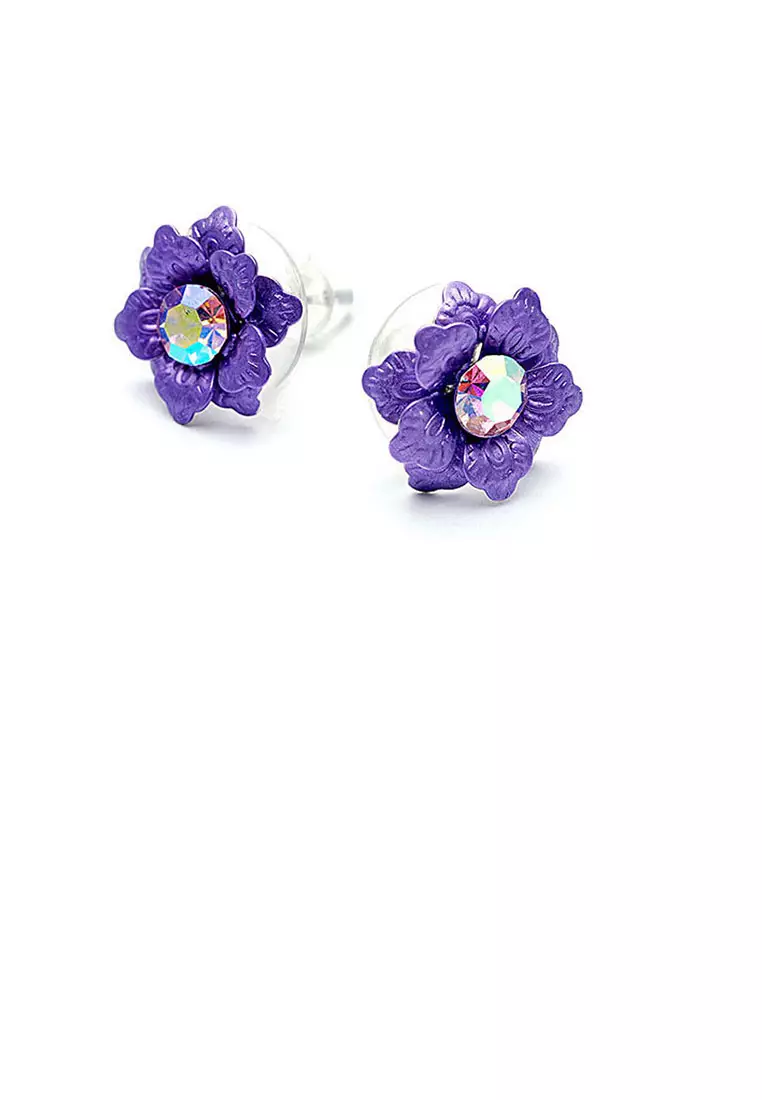 Purple Flower Earrings with Austrian Element Crystal