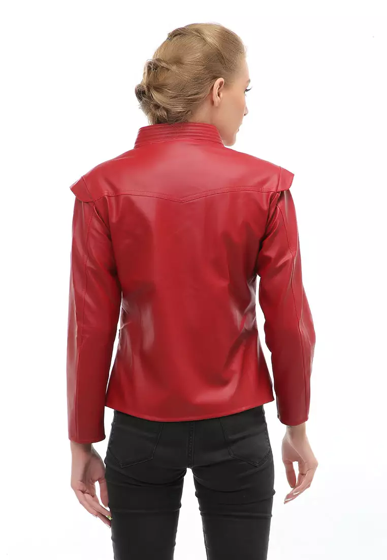 Glenice Jacket Kulit Casual Wanita Zipper Pocket Material Leather ORIGINAL - Red