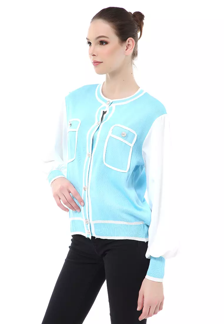 Reine Outerwear Wanita Jaket Stylish Korean Style Material Rajut ORIGINAL - Blue
