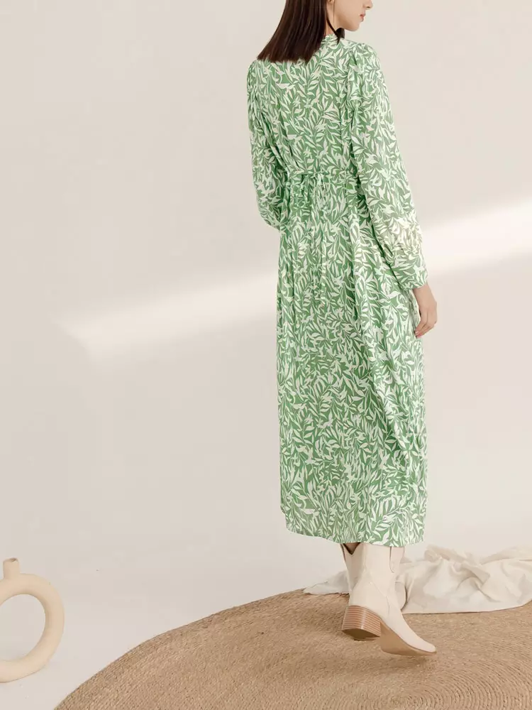 Wrinkle-Free Print Cinched Waist Long Sleeve Long Dress [DA9851]