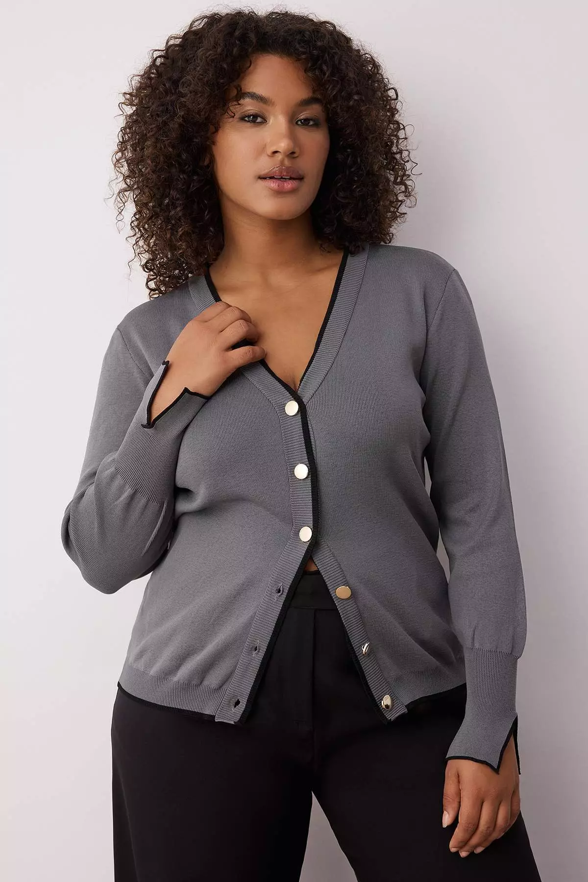 Gray Button Detailed Striped Knitwear Cardigan Tbbaw24Av00014