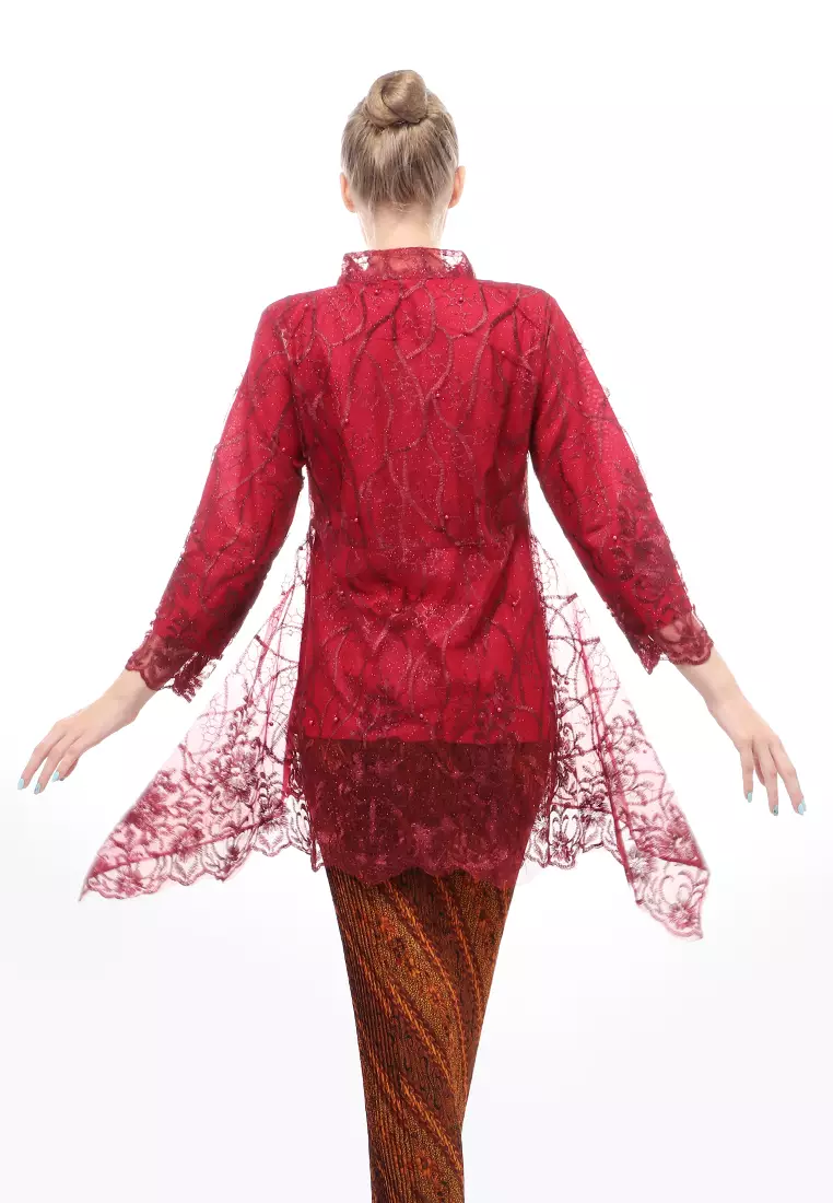 Kebaya Tunik Atasan Wanita Design Tulle Premium Quality - Maroon