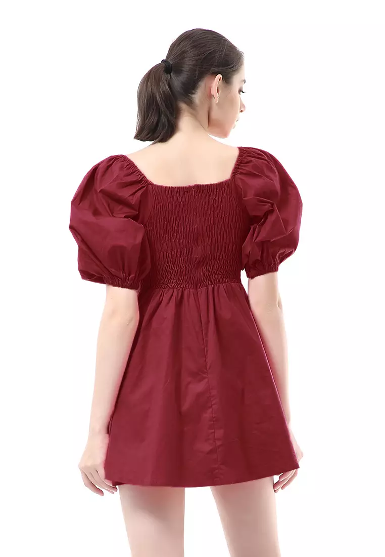 Rachel Dress Wanita Ballerina Pluffy Baloon Sleeve Simple Elegant Material Cotton ORIGINAL - Maroon