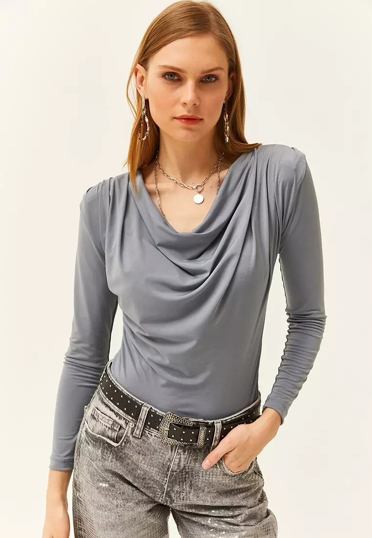 Cowl Neck Long Sleeves Ruched Top