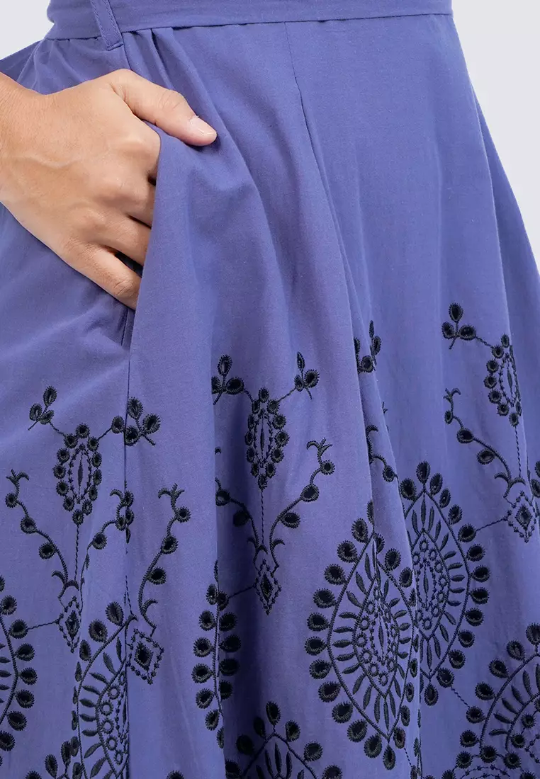 Embroidered V-Neck Midi Dress NAVY