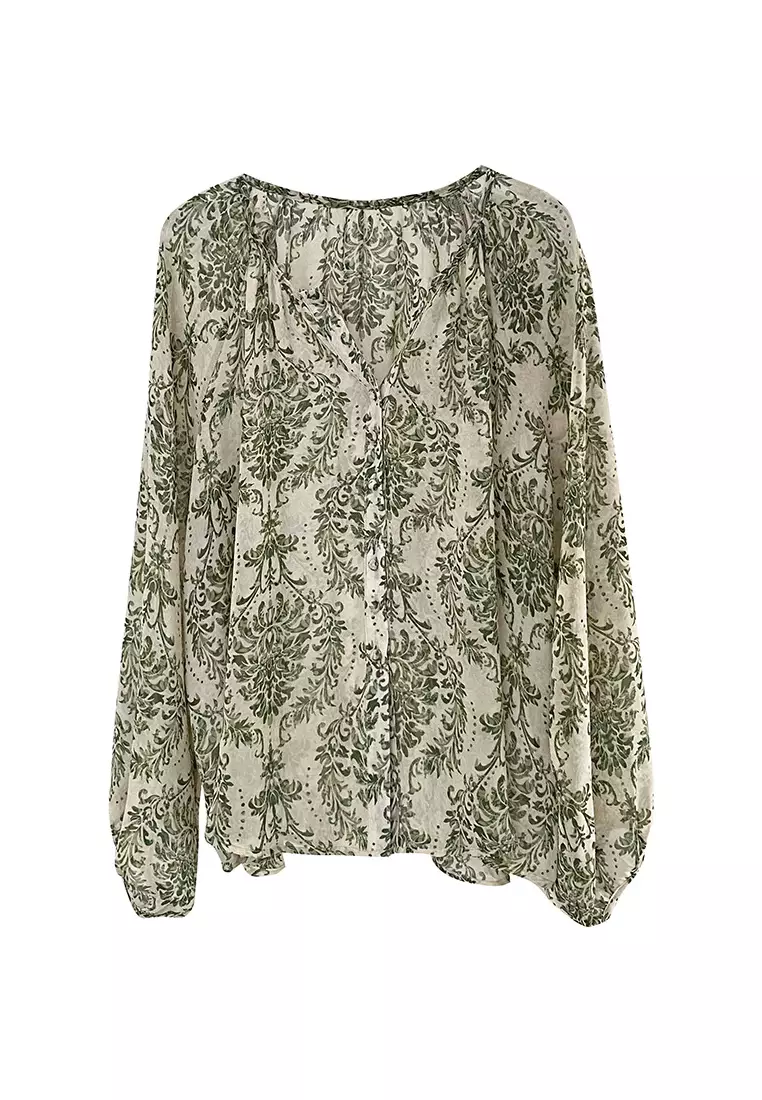 Lara Green Floral Lantern Sleeve Micro Sheer Sunscreen Shirt 2025 | Buy ...