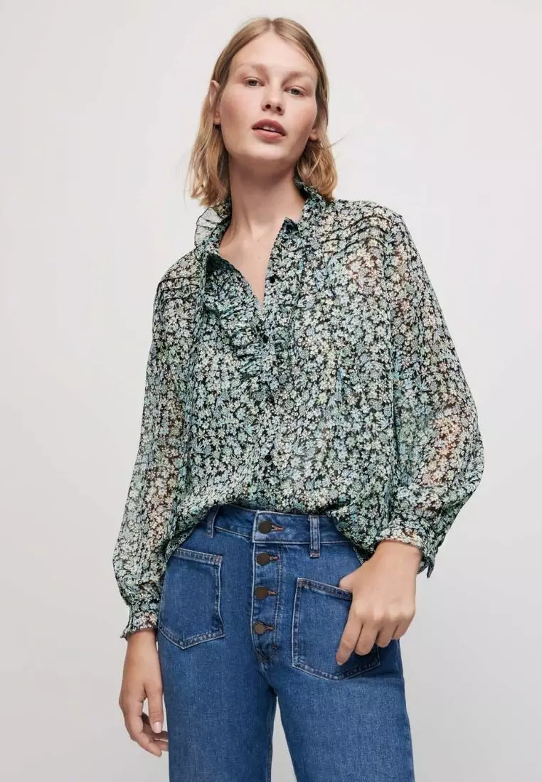 Green Metallic Print Chiffon Blouse