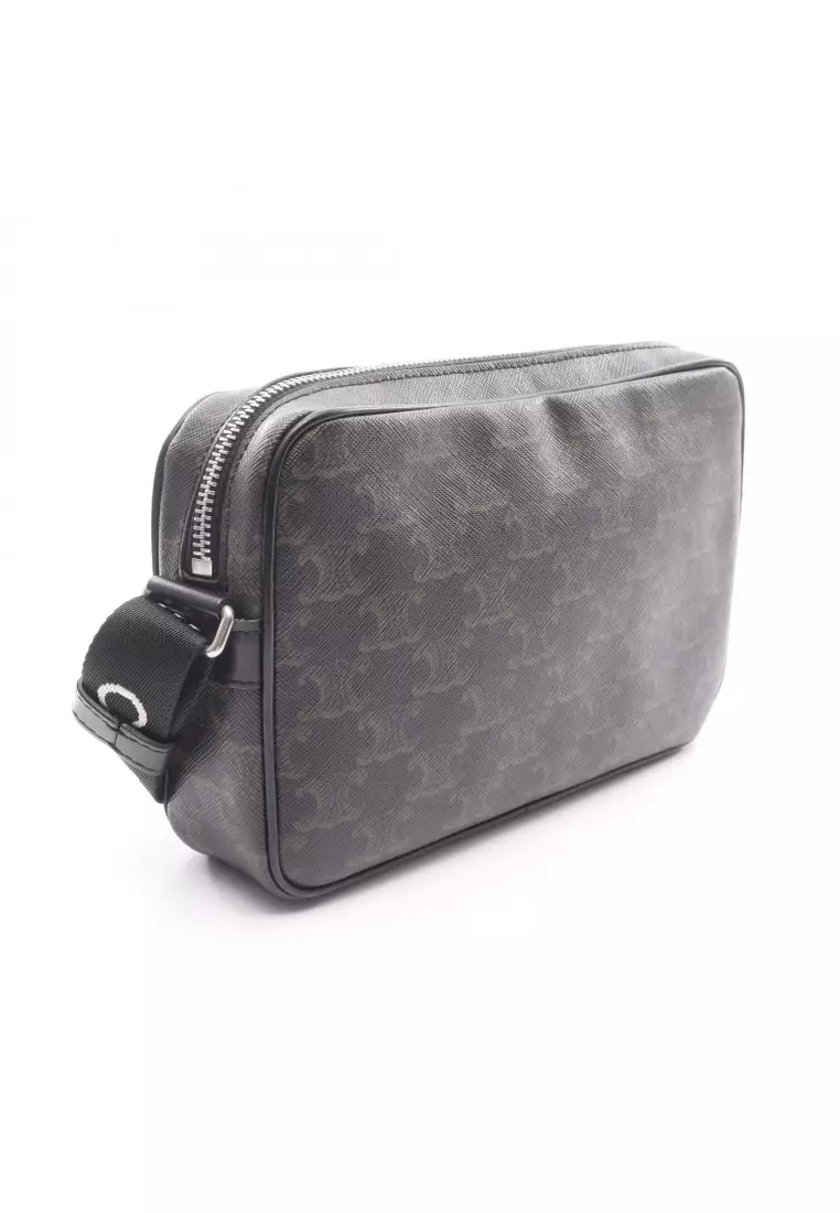 Pre-Loved Celine Triomphe Medium Messenger bag Shoulder bag PVC leather Dark brown black