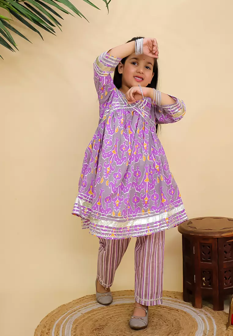 The Mom Store Sage Violet Girls Anarkali Kurta Set - Multi