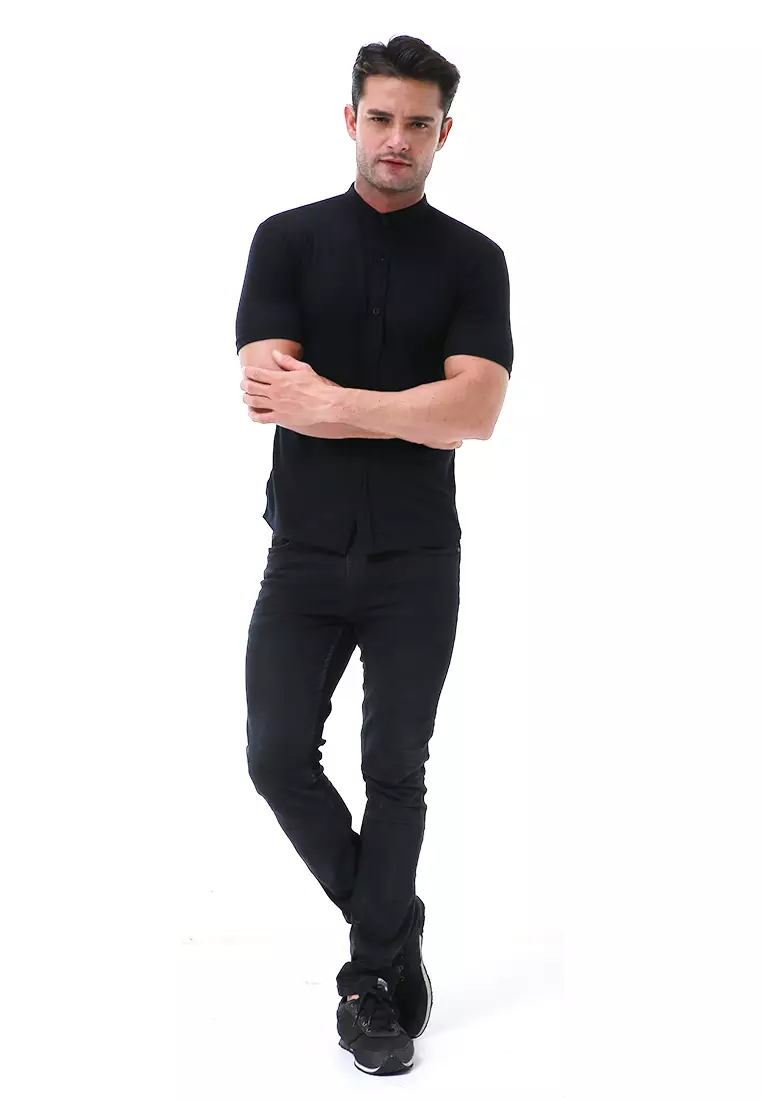 Leopold Atasan Pria Kemeja Kasual Slim Fit Lengan Pendek Motif Polos Material Cotton ORIGINAL - Black