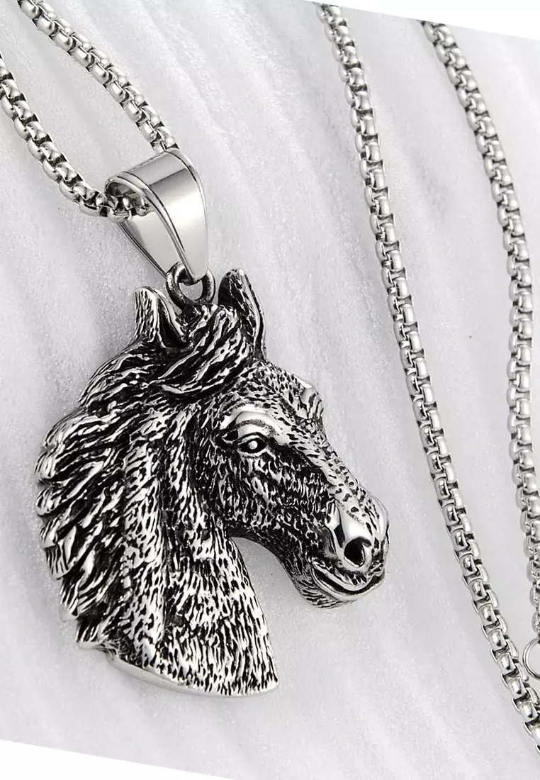 Aksesoris Pria Horse Pendant Premium Stainless Steel Necklace Kalung Pria Silver