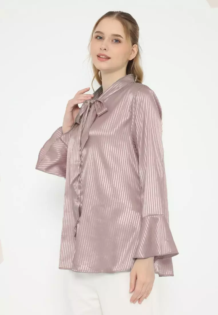 Shimmer Blouse With Stripe Pattern In Soft Brown By Brilliant Girl Warna COKLAT