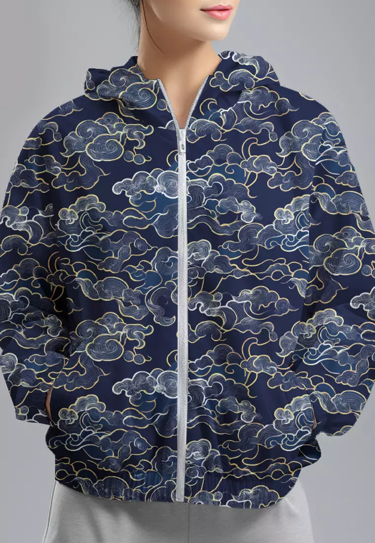LSD78 Jaket Lari Olahraga Wanita Parasut motif "navy clouds" biru tua
