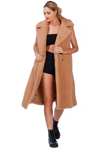 London Rag brown Sleeveless Double Breasted Teddy Coat in Camel 04C89AA4A946B1GS_1