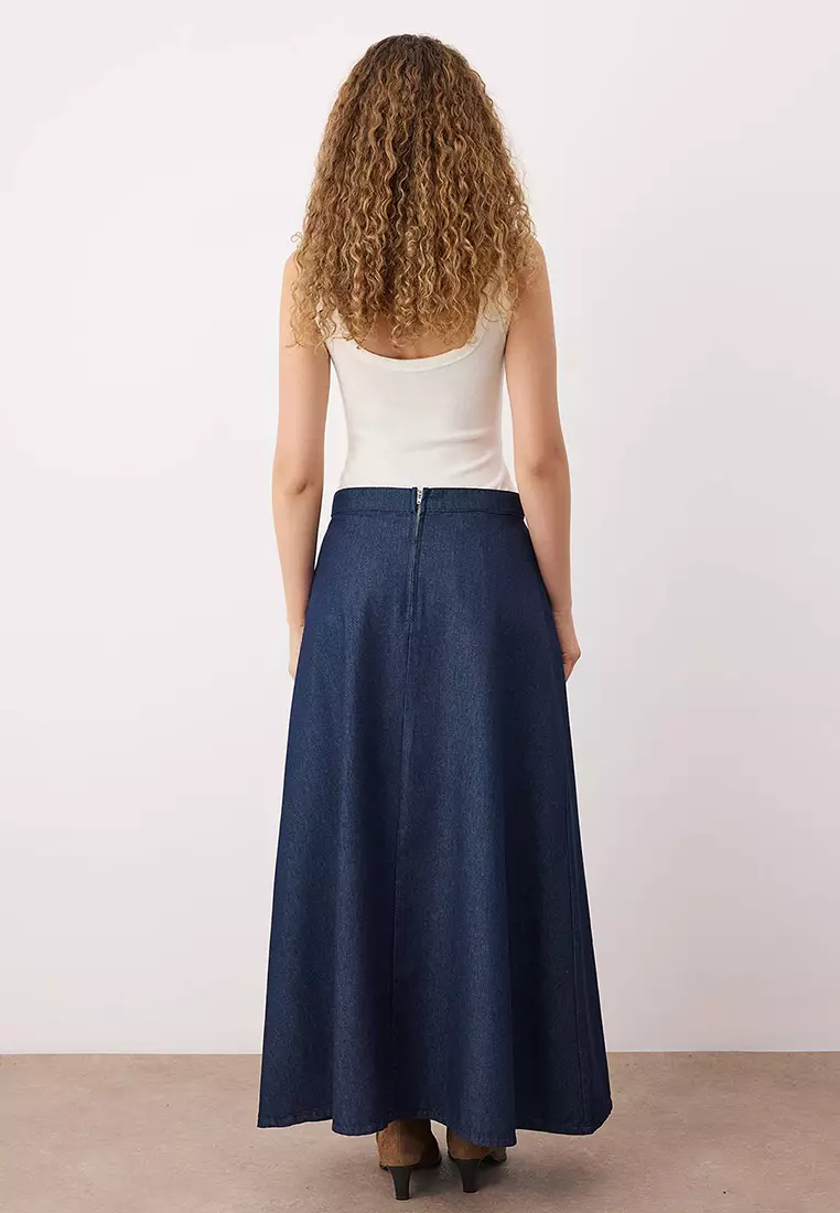 Dark Blue Flounce Maxi Denim Skirt