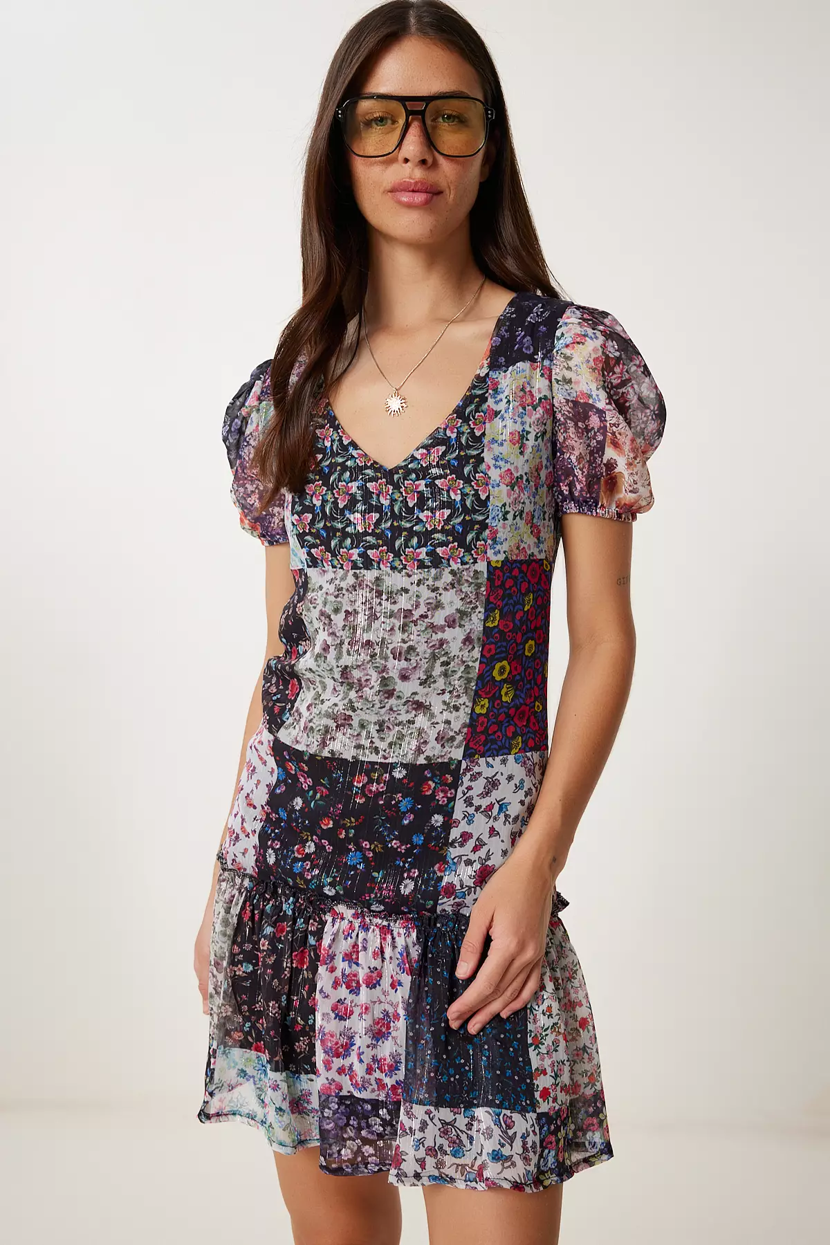 Women's Black Pink Ethnic Patterned Summer Chiffon Dress Tp00057