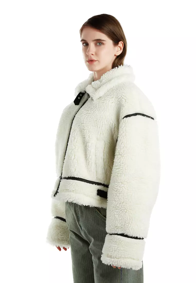 奶油色人造羊毛皮飛行員夾克