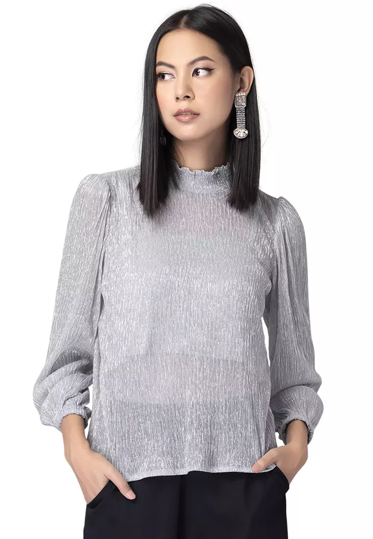Buy FabAlley Silver Plisse Smocked Neck Blouse 2024 Online