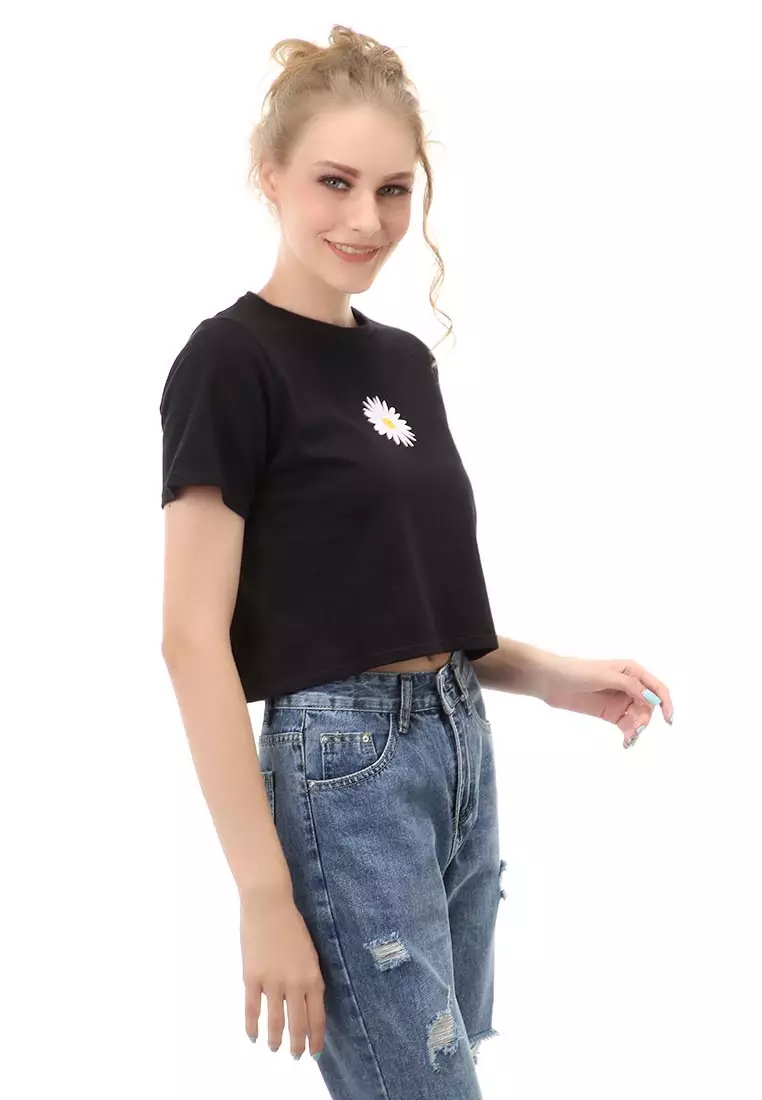 Genevie T-Shirt Kaos Crop Atasan Kasual Wanita Lengan Pendek Material Cotton Combad ORIGINAL - Black