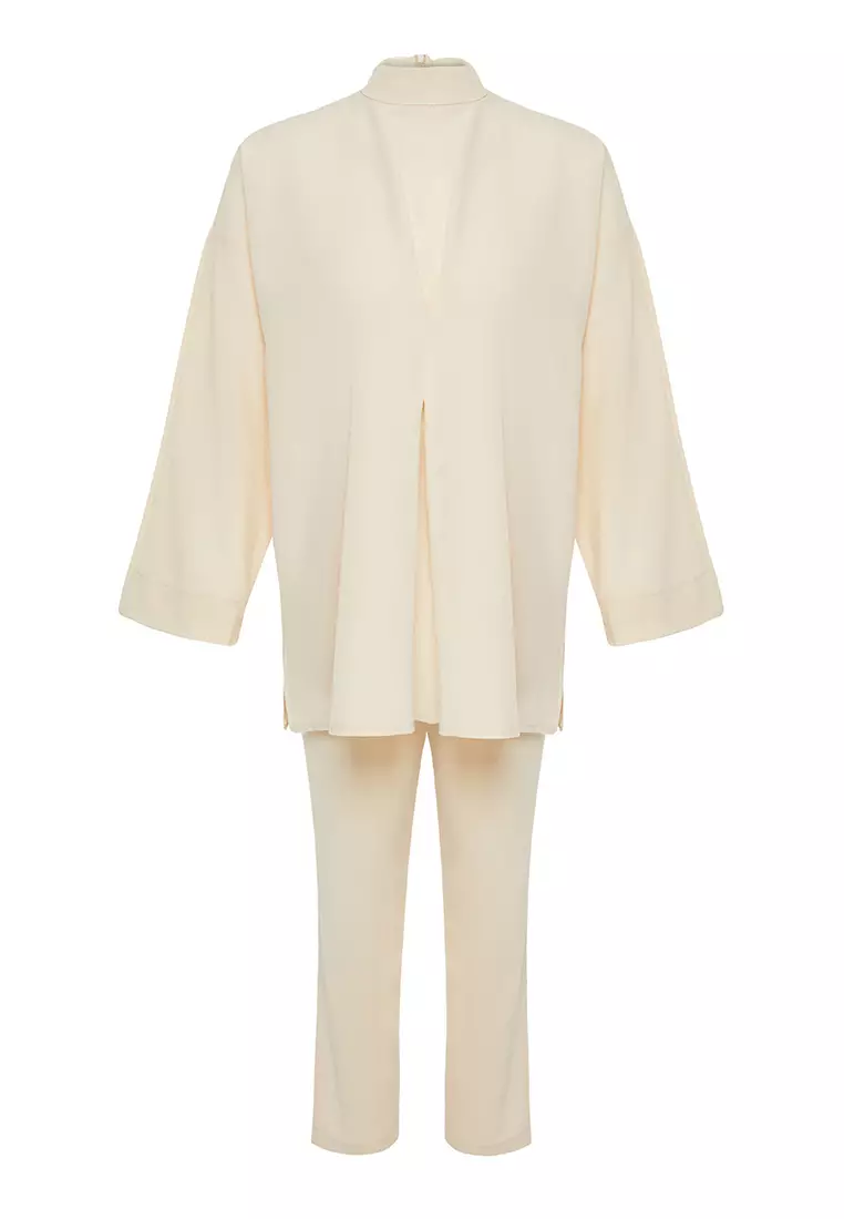 Modest Mock Neck Blouse With Elastic Pants Set