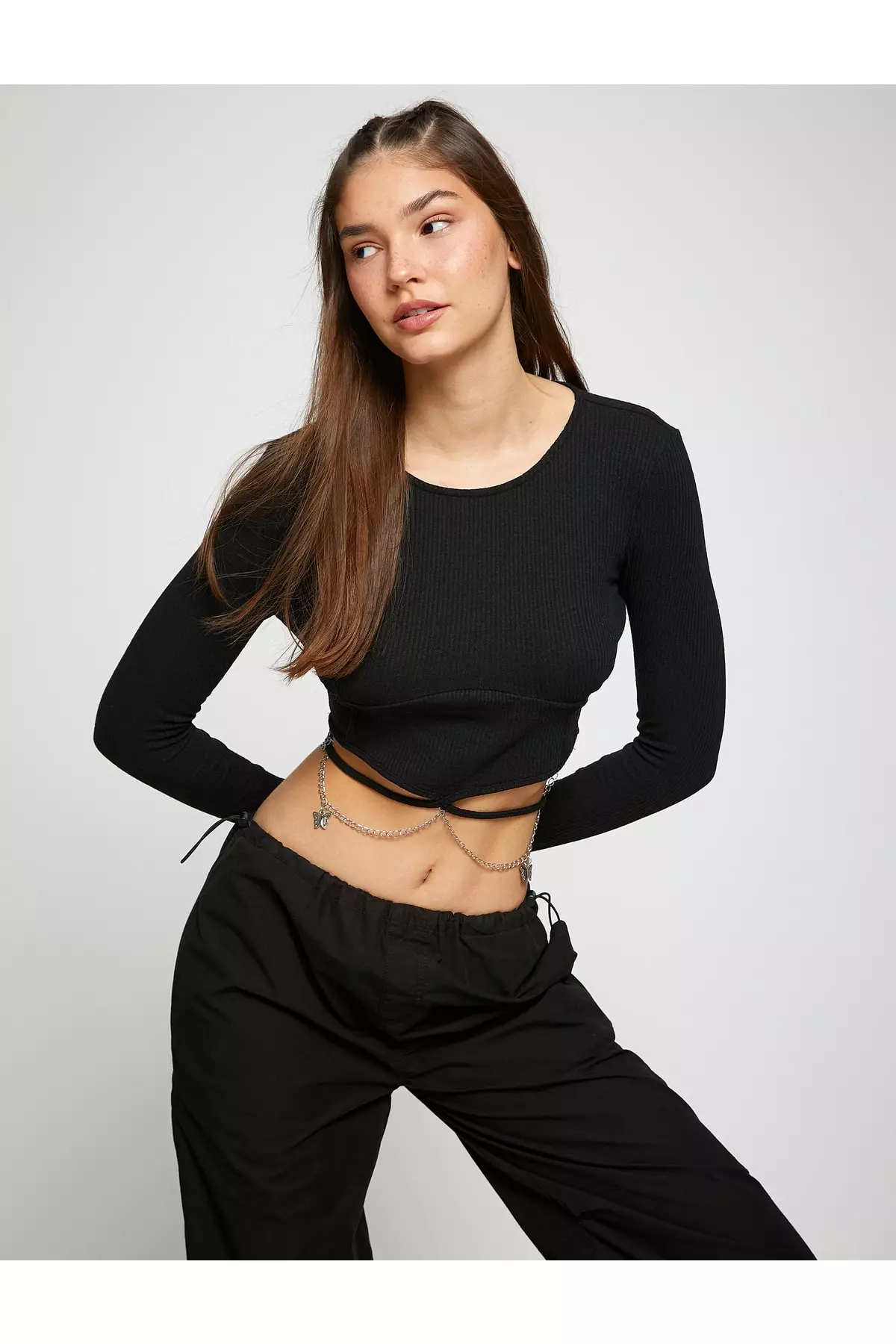 Long Sleeve Crop Top with Chain Detail