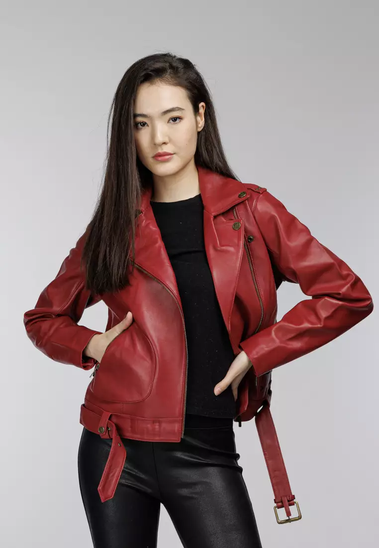 Red pu 2025 biker jacket