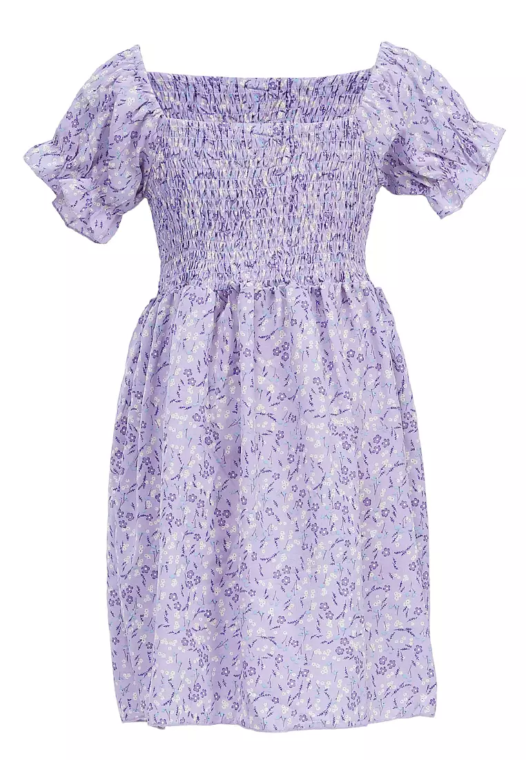 Bianca Gaun Anak Perempuan Flower Motive Kids Dresses Short Sleeve Material Cotton ORIGINAL - Purple