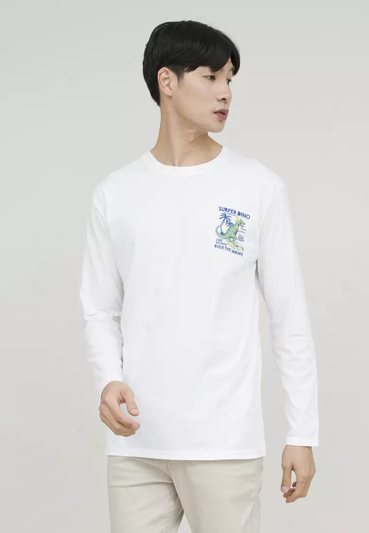 Kaos cotton combed lengan panjang pria putih houseofcuff surfer dino