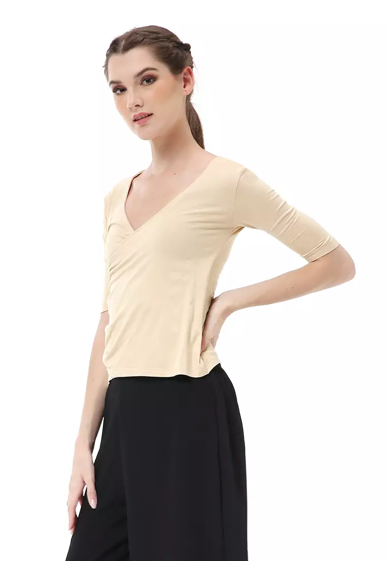 Cerise Atasan Wanita Ruffle T-shirt Casual Kaos Short Sleeve Material Rayon Lycra ORIGINAL - Beige