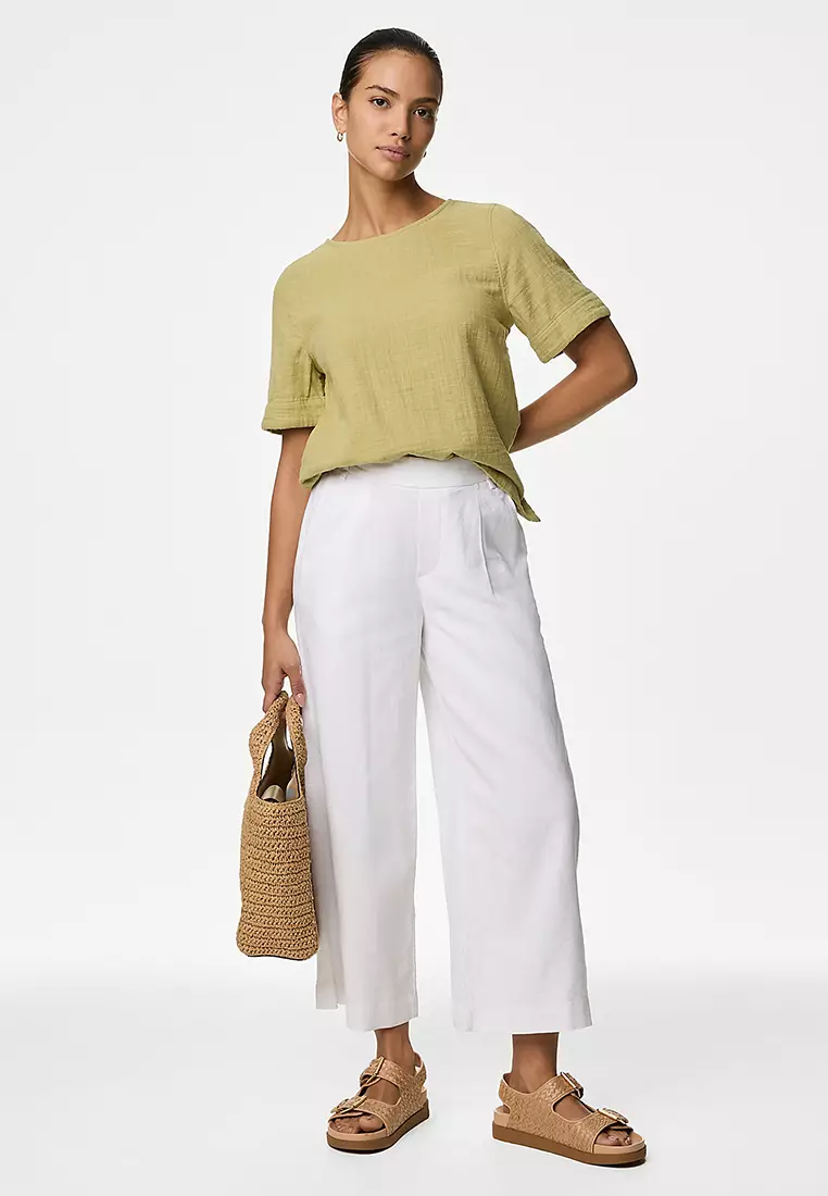 Linen Rich Wide Leg Cropped Trousers