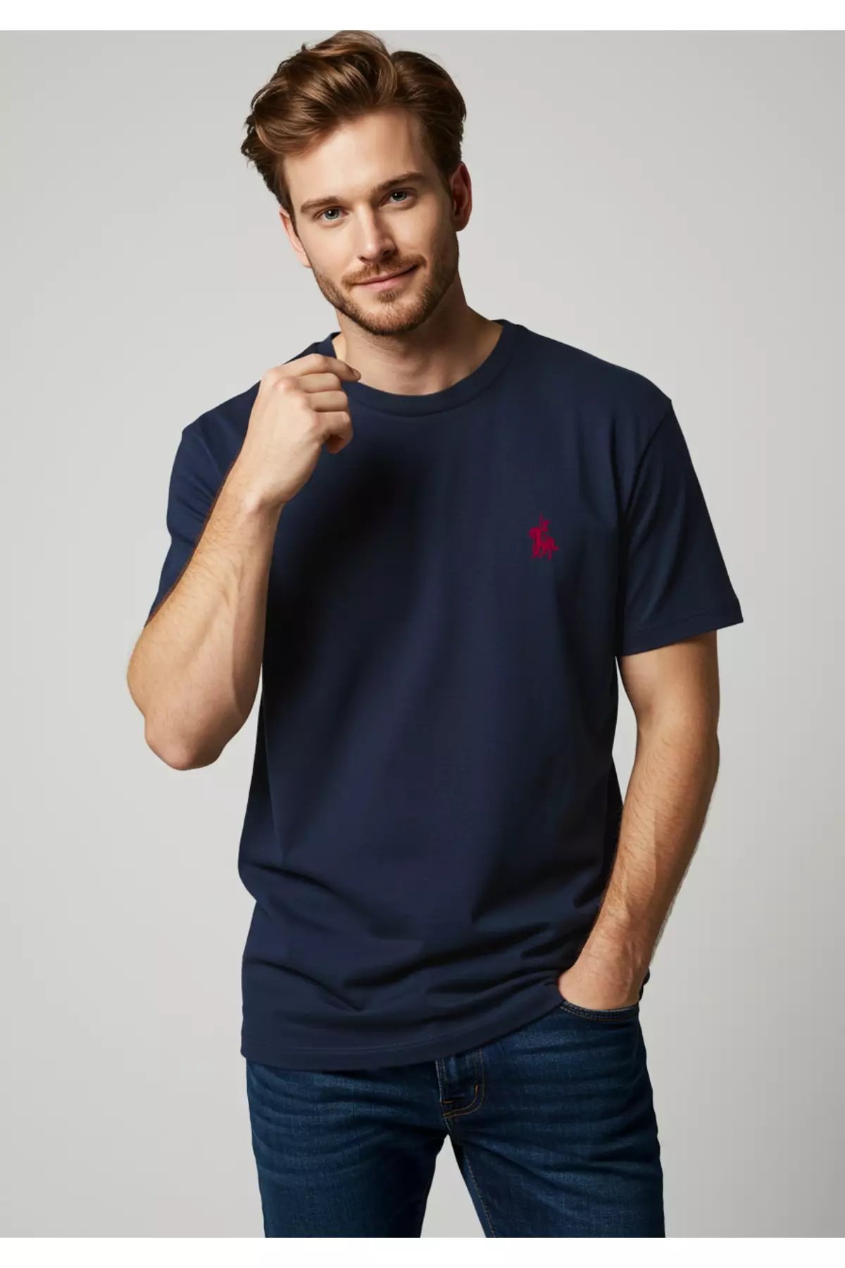 Navy Blue Regular/Normal Cut Horse Embroidery Detail 100% Cotton T-Shirt Tmnss24Ts00056