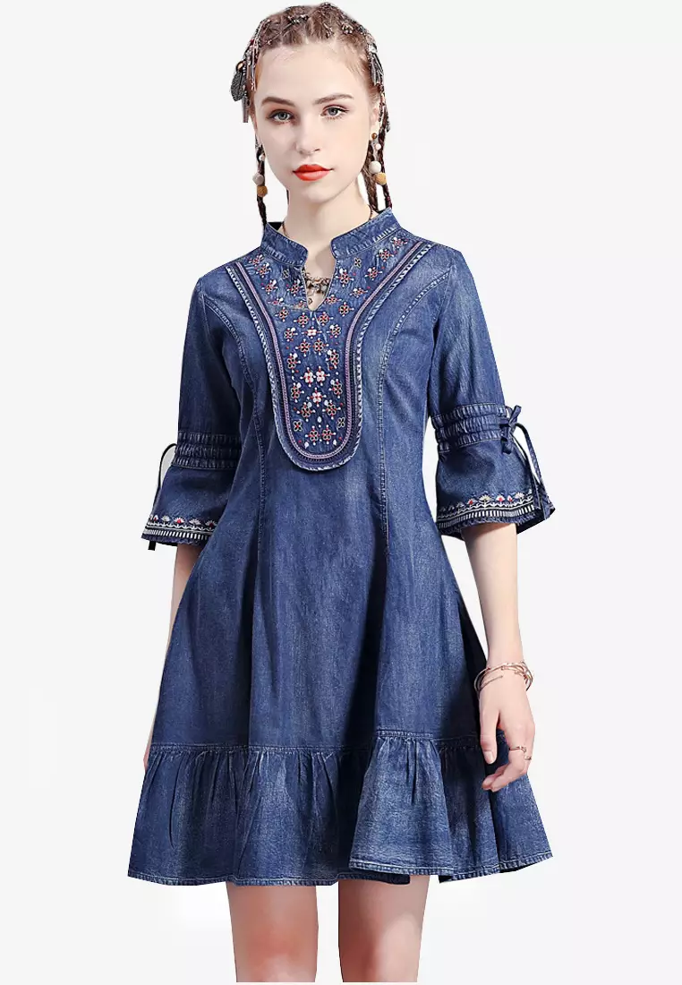 Twenty Eight Shoes VANSA Vintage Embroidered Slim Denim Dress VCW