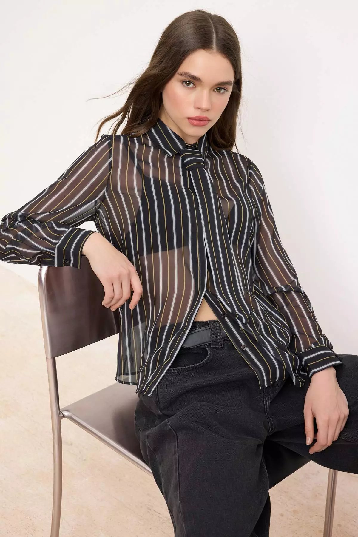 Multi-Colored Striped Tie Unlined Chiffon Shirt Twoss26Go18
