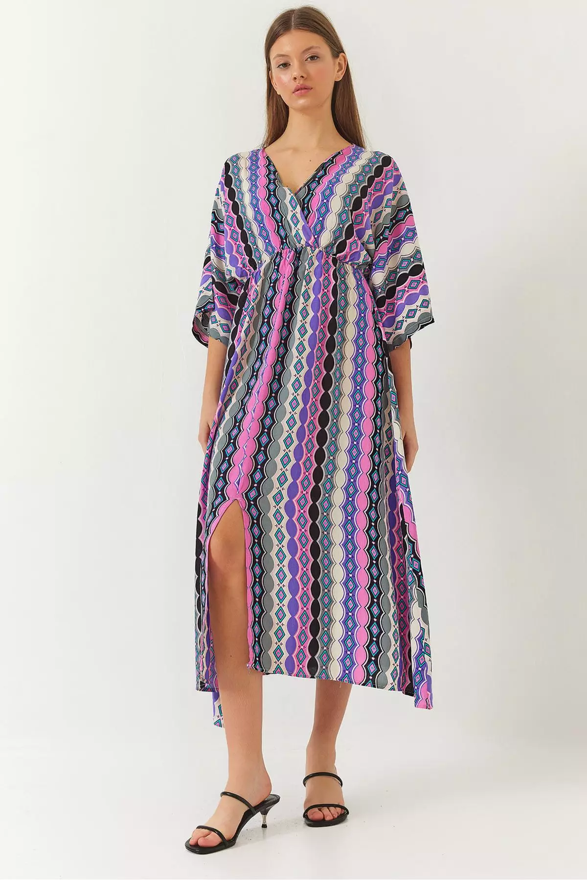 Women's Double Breasted V Neck Front Slit Detail Print Dress 60261411