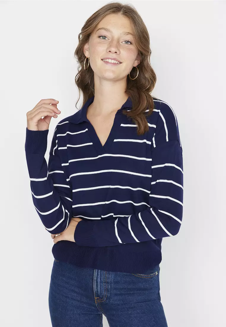 Stripe Collared Knitwear Sweater