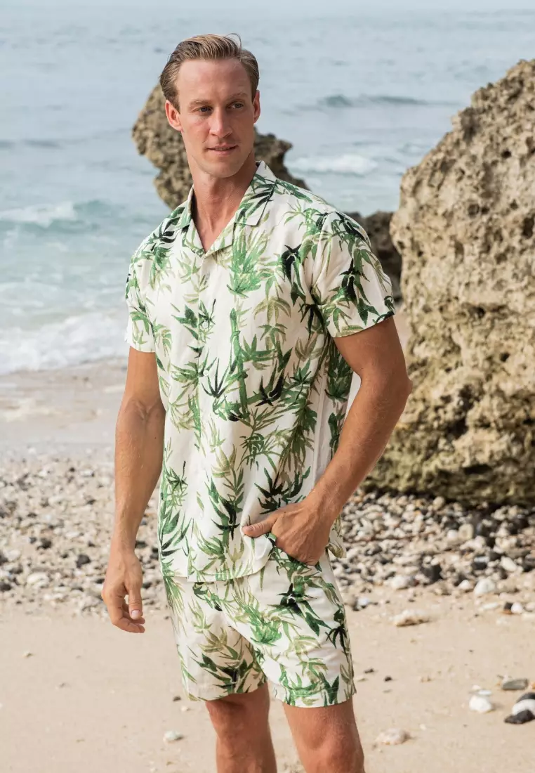 Cane Celana Pendek Linen Pria Putih Motif | Linen Short Pants Men Patterned White