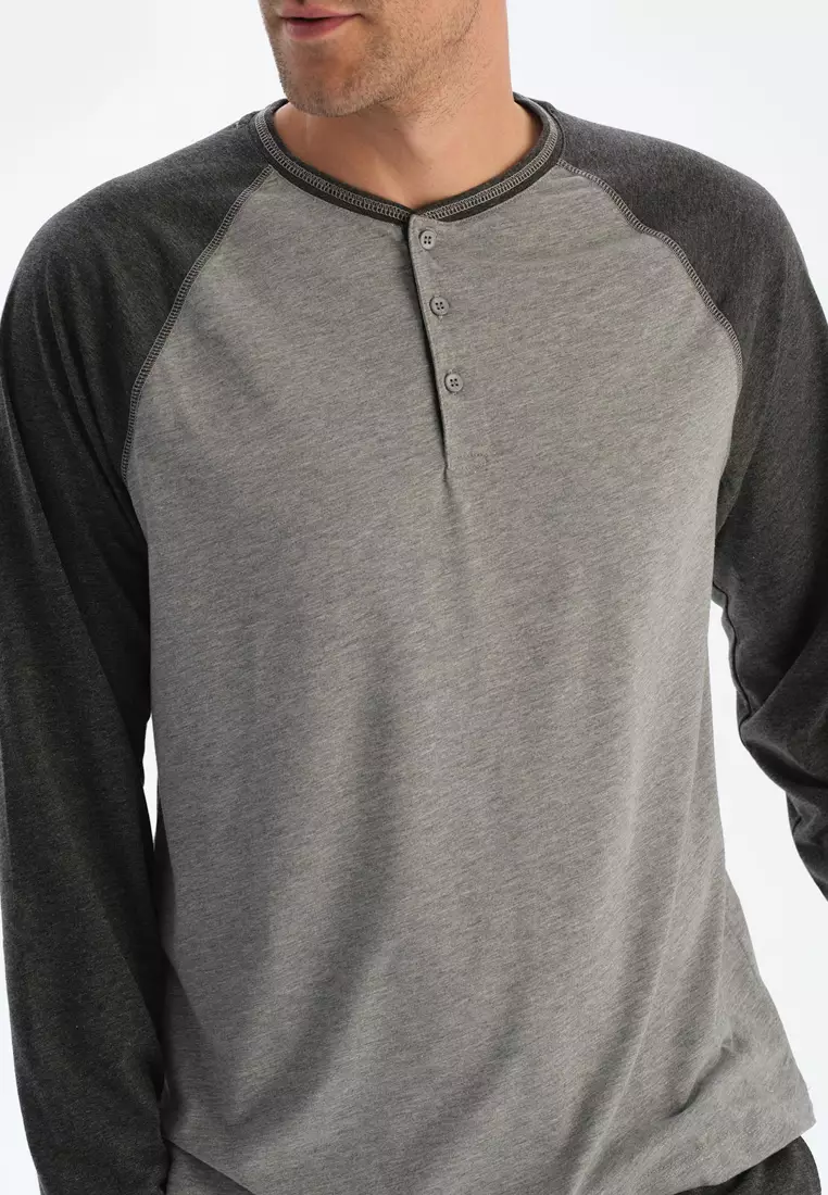 Grey Melange T-Shirt & Trousers, Crew Neck, Regular Fit, Long Sleeve Sleepwear for Men