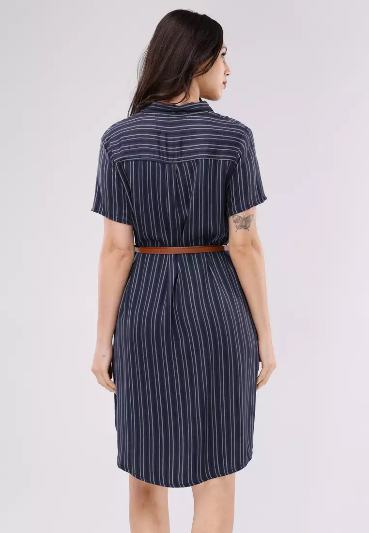 Woven Stripes Single Twill Short Sleeve Dress