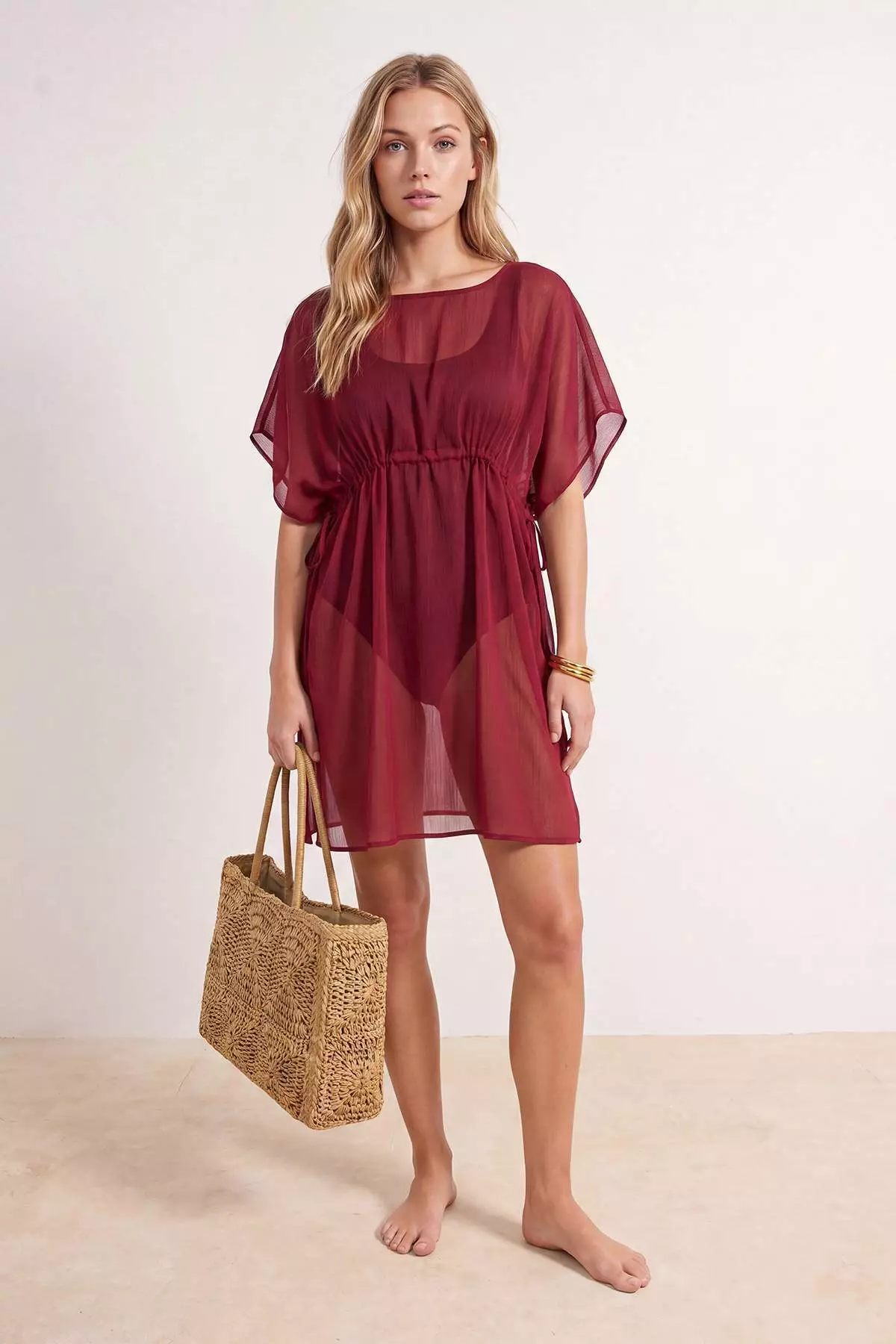 Burgundy Woven Mini Drawstring Beach Dress Tbess26El37