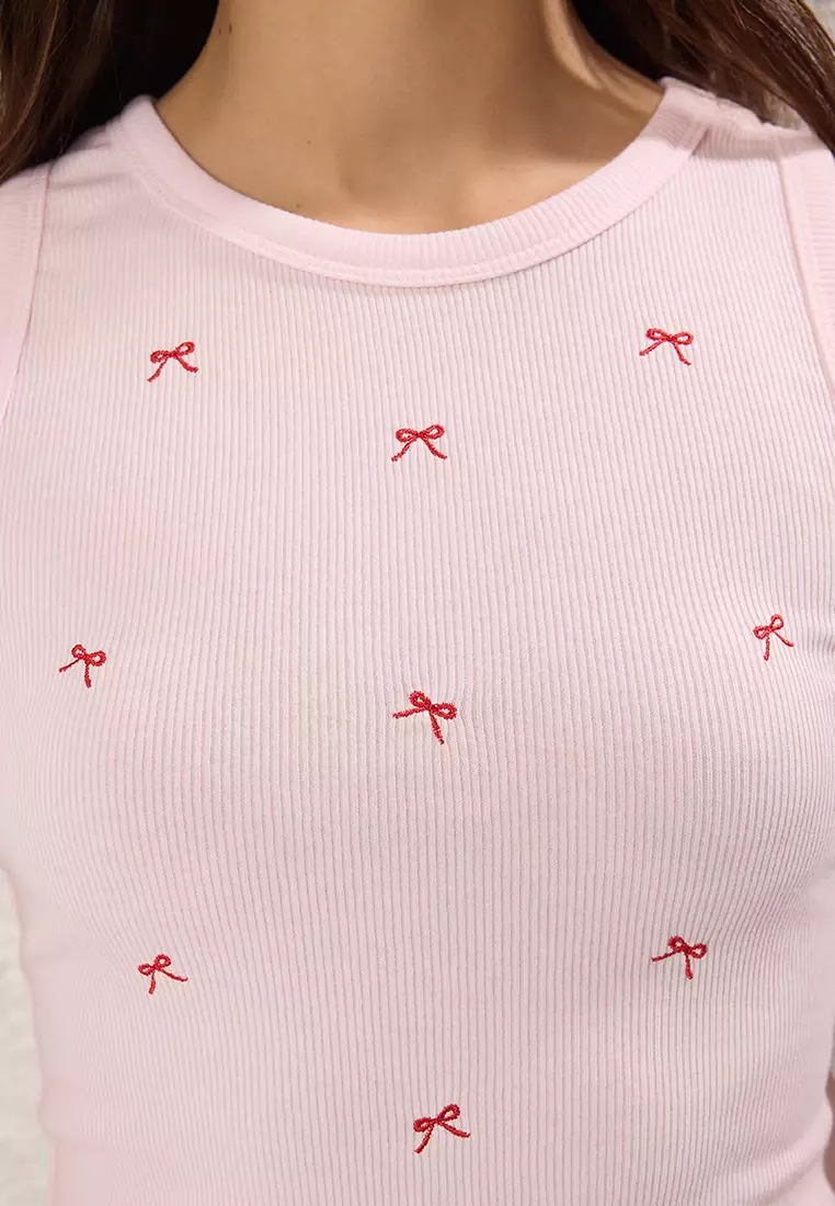 Light Pink Embroidered Bow Detail Fitted/Knitted Athlete TWOSS25AL00023