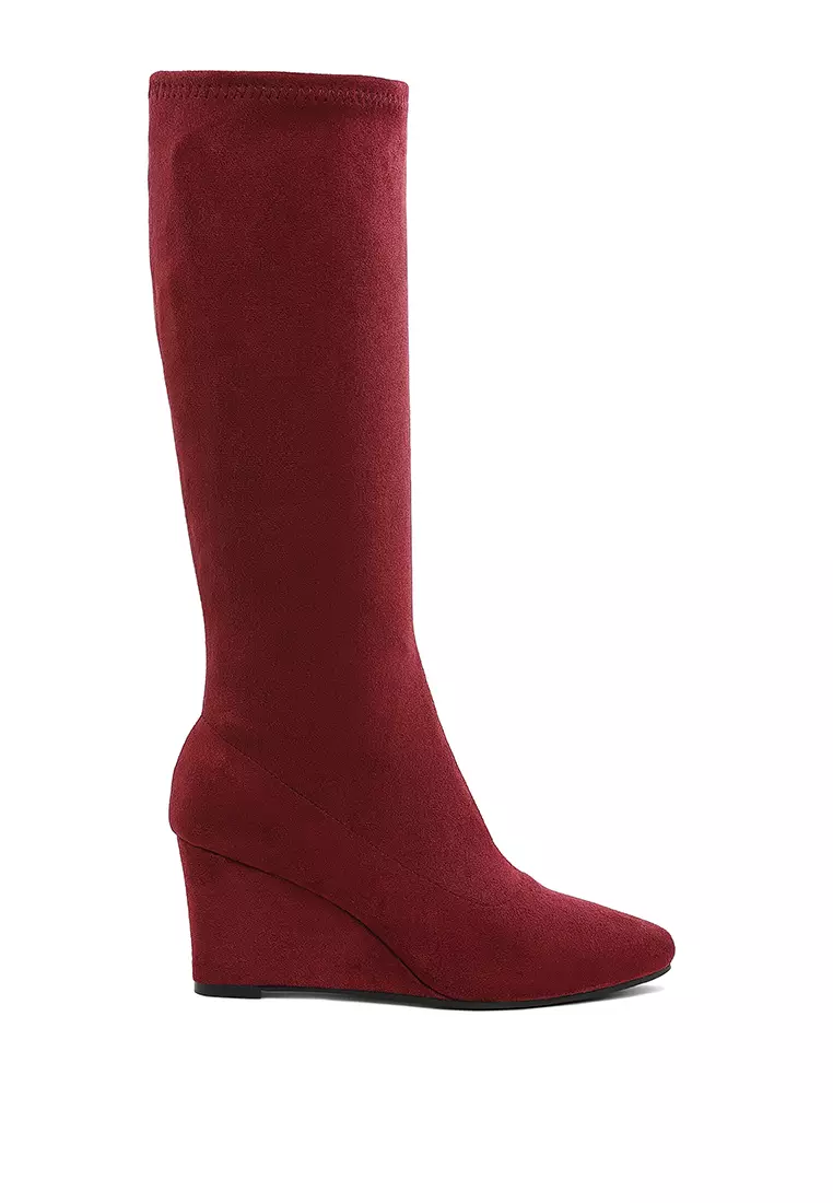 Discount on London Rag  shoes - SKU: Microfiber Wedge Heel Boots in Dark Red