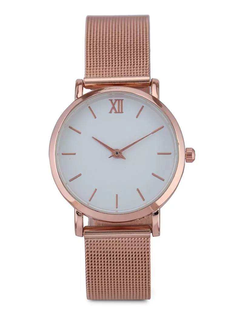 Round Face Rose Gold White/Mesh Strap Watch