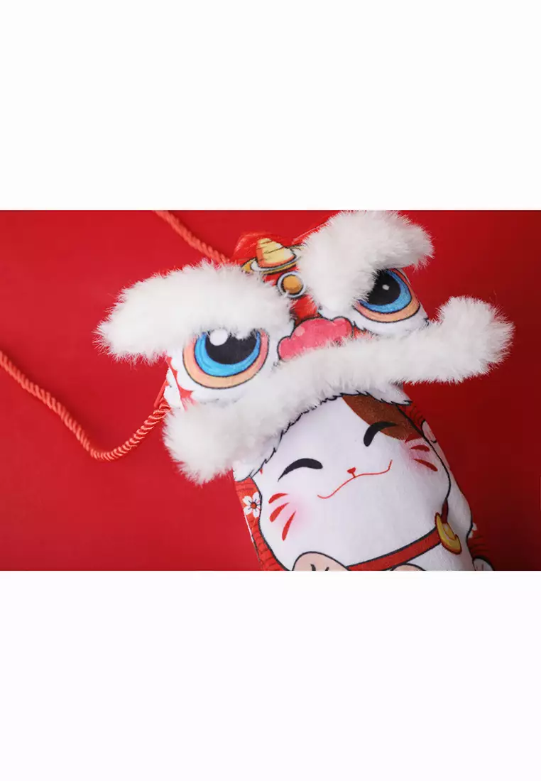 兒童新年舞狮头招财猫絨面紅包袋斜跨包