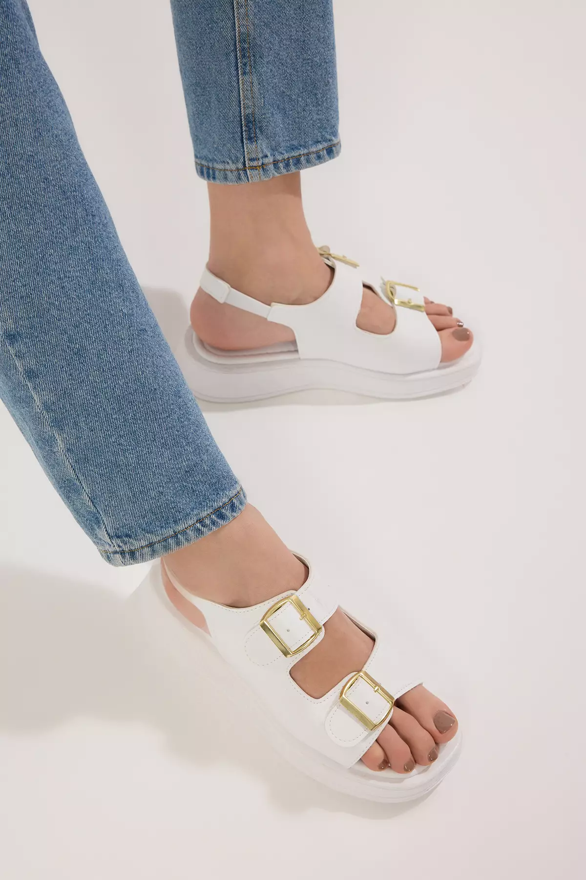 White Double Buckle Women's Thick Sole Sandals Takaw25Sd00000