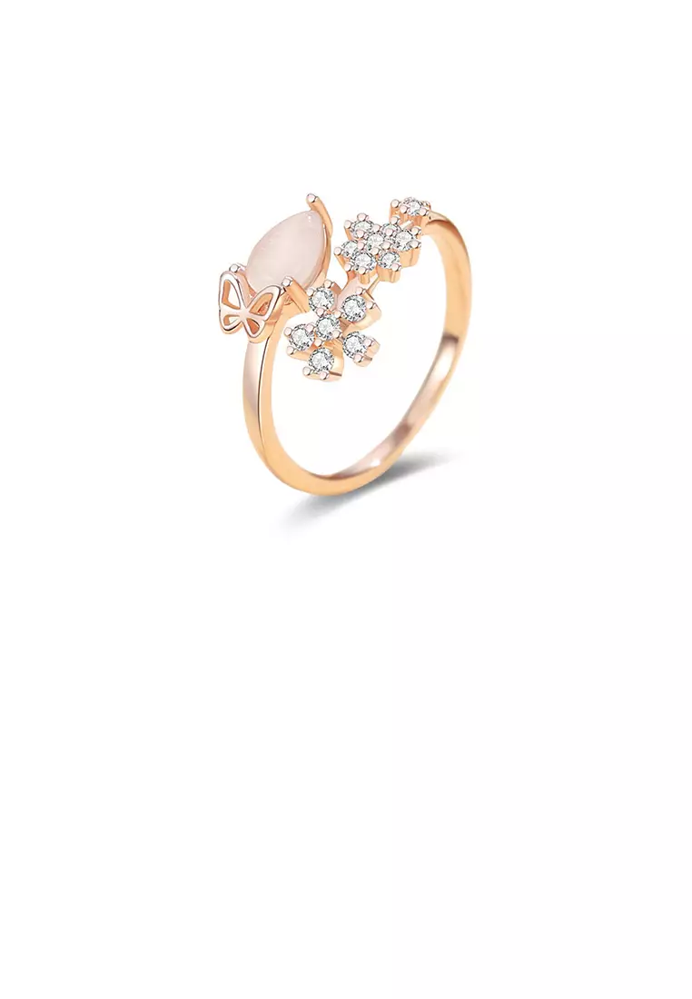 925 Sterling Silver Plated Rose Gold Fashion Simple Flower Adjustable Open Ring with Cubic Zirconia