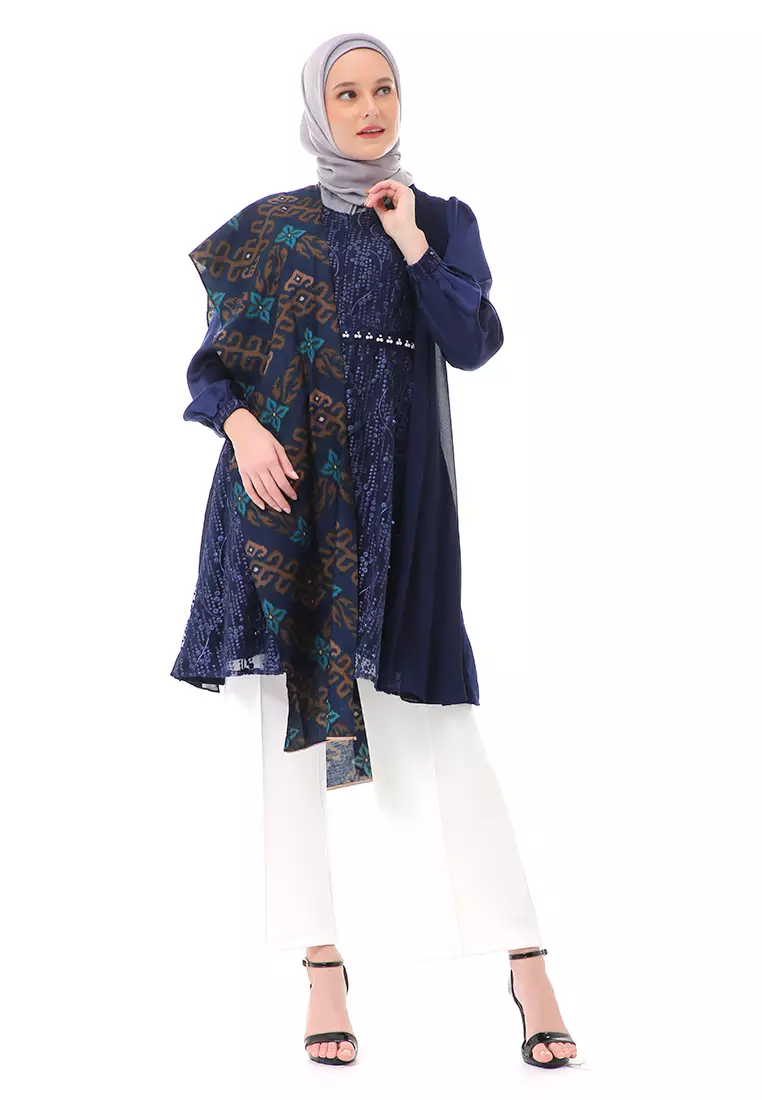 Anevay Long Slevee Baju Batik Atasan Wanita Premium Quality - Navy