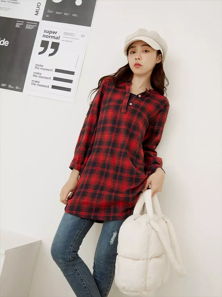 Fake Two-piece Plaid Buttoned Double Pocket Long Top [AB19163]