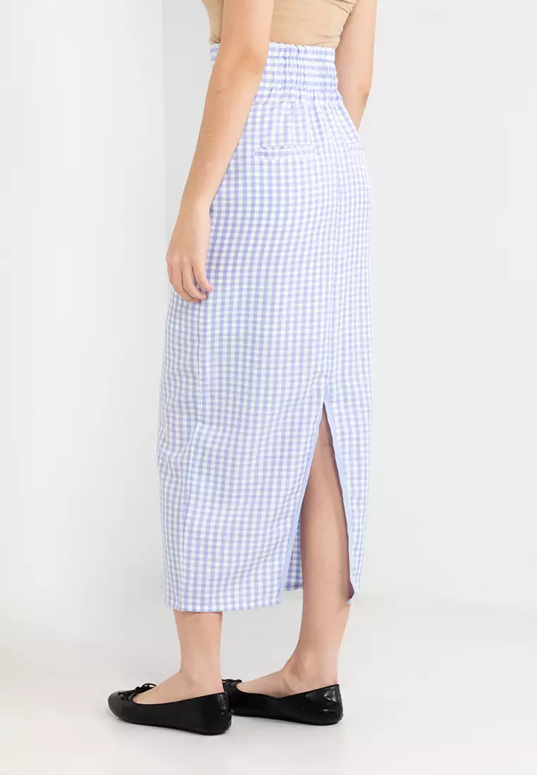 高腰格子開衩窄裙