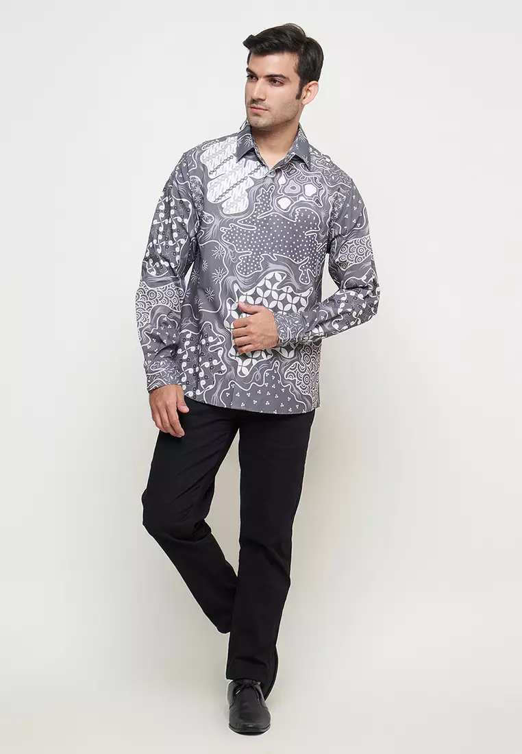 Slimfit Esta Grey Kemeja Batik Pria Lengan Panjang