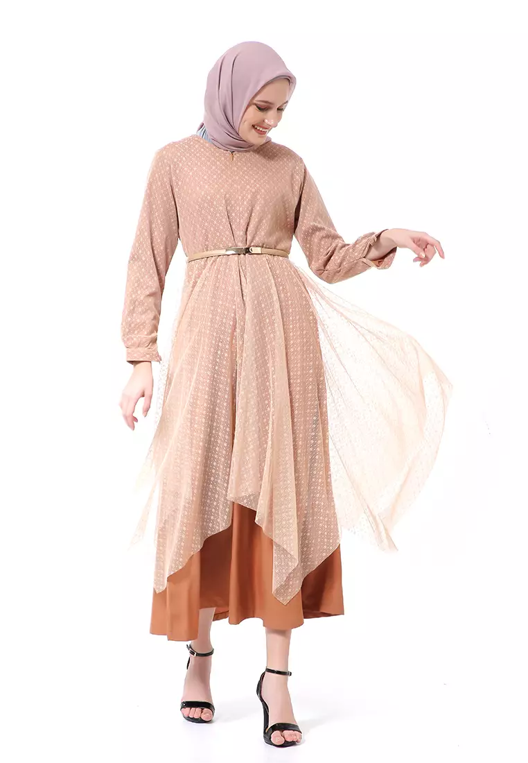 Zahwa Long Dress Gamis Muslimah Long Sleeve Free Belt High Quality - Mocha